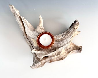 Driftwood Candle Holder, Copper Tea Light Candle Holder Included