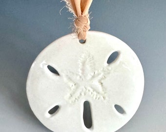 Sand Dollar Stoneware Ornament with chiffon ribbon