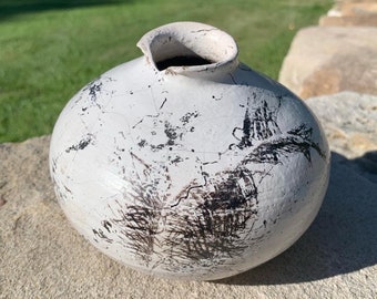 Raku Pot with Horse Hair and Feathers