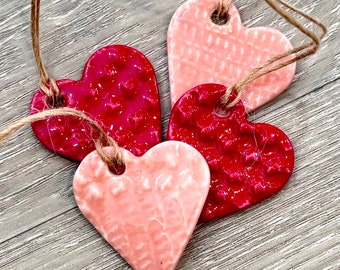 Set of 4 Porcelain Heart Ornaments,  Pendants, Charms, Valentine’s Day