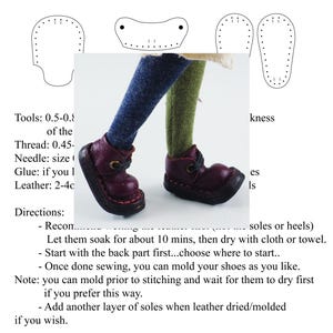 May include: A Neo Blythe doll shoe pattern, with a measurement box of 8cm x 2cm. The image shows shoe patterns and a doll wearing burgundy shoes. Instructions and tool details are included. The pattern is designed to be printed on A4 paper.