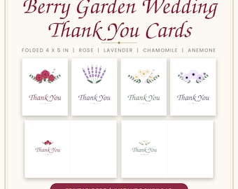 Berry Garden Wedding Thank You Cards Printable, Folded 4x5 Rose Lavender Chamomile Anemone Note Cards, Blank Inside, Stickers PDF