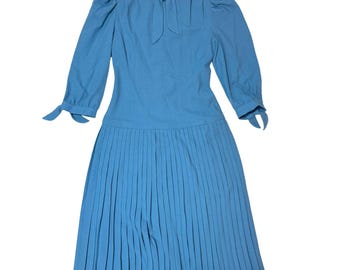 1970s Blue Pleated Midi Dress Tie Neck Puff Sleeve Vintage Mod XS-S