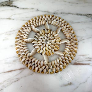Vintage jaren 70 schelpen onderzetter 9" kustplantstandaard schelp hete plaat decor