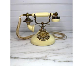 Vintage Wählscheiben Telefon Creme & Messing Tischtelefon Retro Style