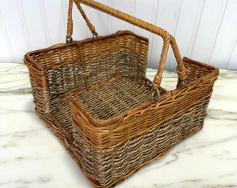 Vintage Woven Seagrass Wicker Napkin Holder Basket with Handle Two Tone Summer