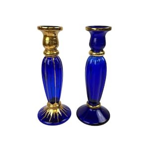 Kobalt Blau & Gold Kerzenhalter Paar Art Deco Elegant Home Decor