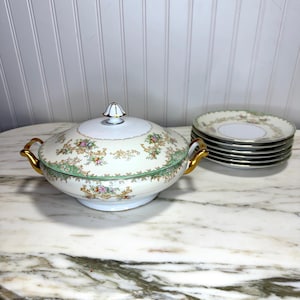 Vintage noritake ronde groentekom met zes bijpassende borden, Japan