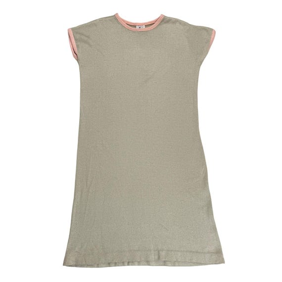 90s Knit Tank Dress: Beige Midi with Pastel Pink Trim (L/XL Fit)