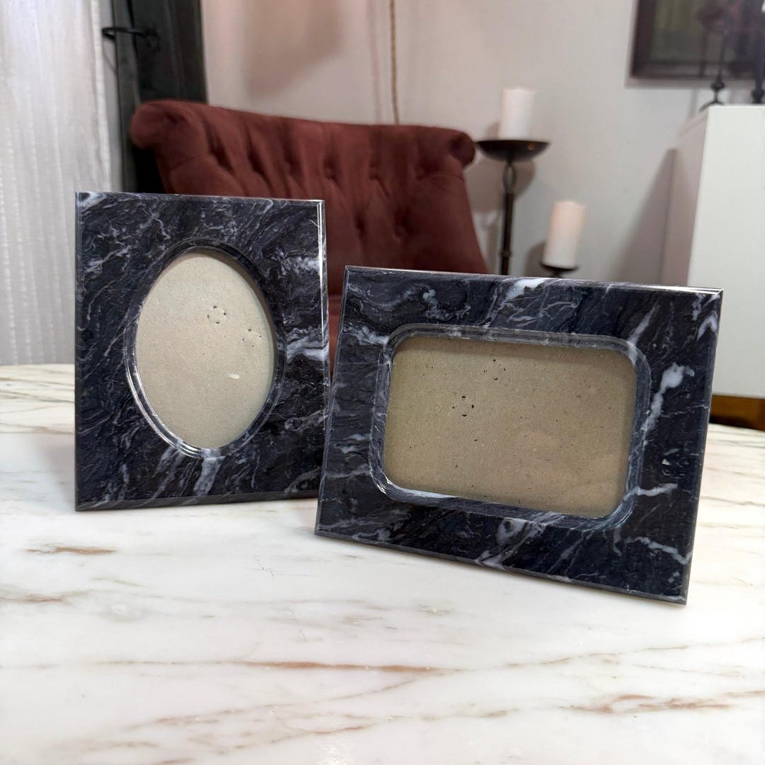 Vintage Black Marble Look Photo Frames Set of 2 Postmodern Tabletop ...