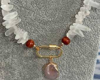 Irregular Matte Frosted Glass Chip Necklace with Lavender Pearl and Gold Carabiner Lock, Wood Rounds