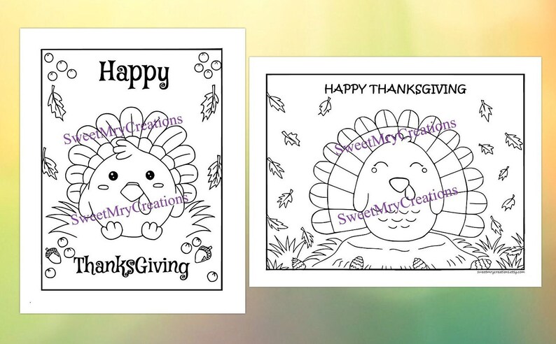 Op de afbeelding: Een zwart-witte kleurplaat met een cartoon-kalkoen met de tekst "Happy Thanksgiving".