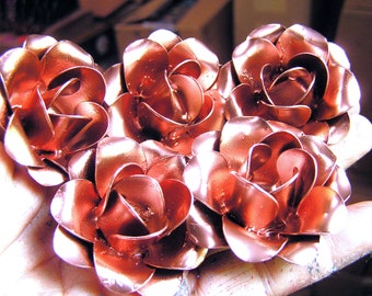 FIVE Medium copper colored metal rose flowers for accents, embellishments, crafting, jewelry, art, arrangements