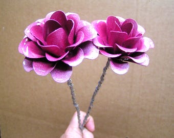 TWO Large metal PINK rose flowers with wrapped wire STEMS for accents, embellishments, crafting, art, arrangements