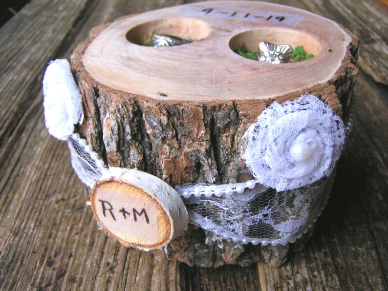 Personalized Ring bearer box Candle Holder Rustic woodland wedding pillow alternative
