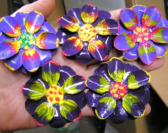FIVE Hand Painted FLAT metal rose flowers for accents, embellishments, crafting, jewelry, art, purple