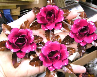 FOUR metal Pink rose flowers with leaves for accents, embellishments, crafting, jewelry, art