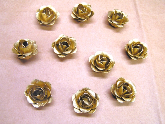 TEN Tiny small gold colored metal flowers for accents, embellishments, crafting, jewelry, art projects, woodworking, arrangements