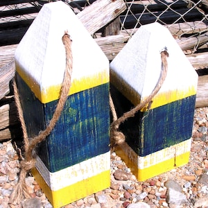 Wood Maine Lobster fishing buoys, Nautical Garden Decor, Yellow, white, blue