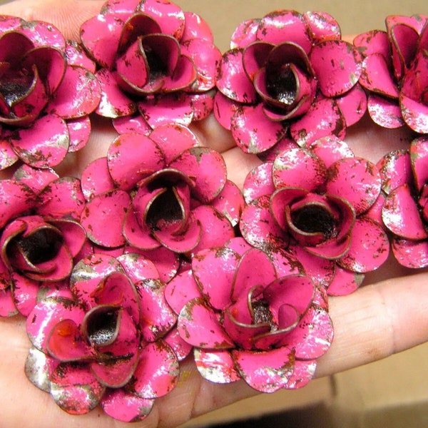 TEN small distressed Pink roses, metal flowers for accents, embellishments, crafting, jewelry, art, woodworking, arrangements, D7