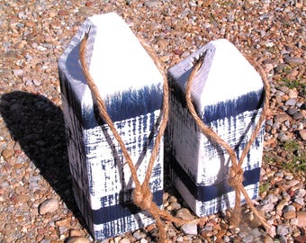 2 Lobster buoys, Nautical Decor, Wooden Decorative Buoys, Fishing Buoys, Maine Lobster Buoy, Navy blue and white