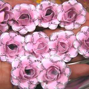 TEN small metal rose flowers for accents, embellishments, crafting, jewelry, art, woodworking, arrangements, distressed pink