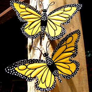 TWO metal art Yellow Butterflies with hangers to accent birdhouses, signs, outdoor decorations, embellishments