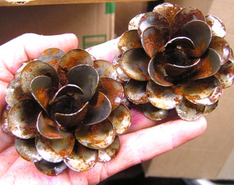 TWO Large Rusty distressed roses, Metal flowers for accents, embellishments, crafting, jewelry, art, woodworking, arrangements