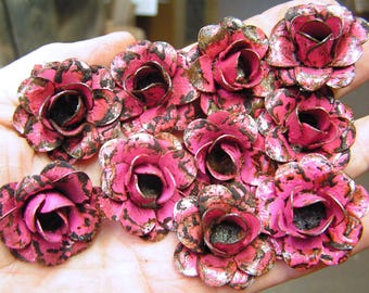 TEN small distressed Pink roses, metal flowers for accents, embellishments, crafting, jewelry, art, woodworking, arrangements, L