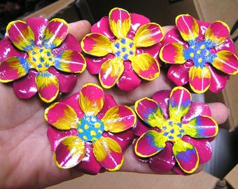 FIVE Medium Hand Painted FLAT metal rose flowers for accents, embellishments, crafting, jewelry, art, arrangements, magenta