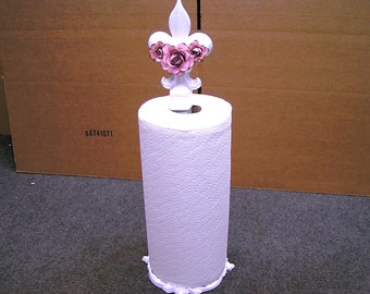 Custom vintage Shabby style Paper Towel Holder, Iron Fleur De Lis, White with Pink Roses