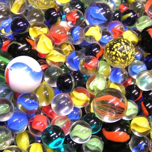 62 glass marbles, Mixed, BIG and small, 5/8" to 1",  New Old stock