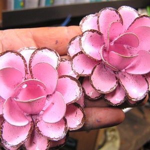 TWO Large metal PINK rose flowers for accents, embellishments, crafting, jewelry, art, woodworking, arrangements