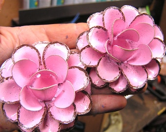 TWO Large metal PINK rose flowers for accents, embellishments, crafting, jewelry, art, woodworking, arrangements