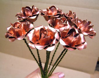 TEN medium Copper Colored Roses WITH stems, metal flowers