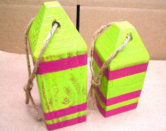 TWO Garden Art wood buoys, Nautical Seaside Decor for Home or Garden, Pink, Green