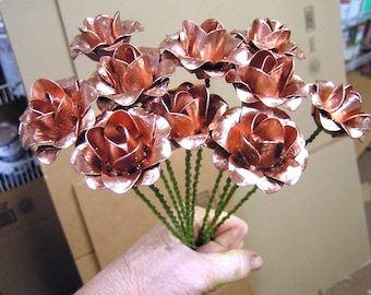 TEN medium Copper Colored Roses WITH stems, metal flowers