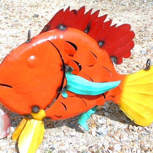 Metal Yard Art Fish sculpture, Junk Iron Art, HAND painted and Distressed Garden or Fountain decoration
