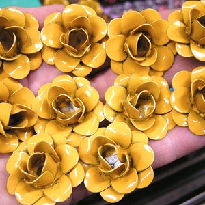 TEN small Marigold yellow metal rose flowers for accents, embellishments, crafting, jewelry, art projects, woodworking, arrangements