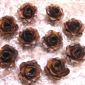 TEN TINY small 1 inch Rust metal flowers for accents, embellishments, crafting, jewelry, art projects, woodworking, arrangements