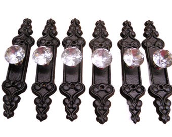Set of SIX Glass knobs with cast iron backplates, flat black finish