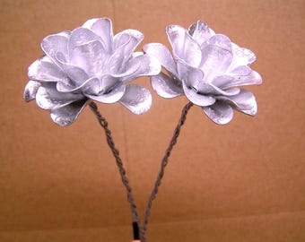 TWO Large metal SILVER rose flowers with wrapped wire STEMS for accents, embellishments, crafting, art, arrangements