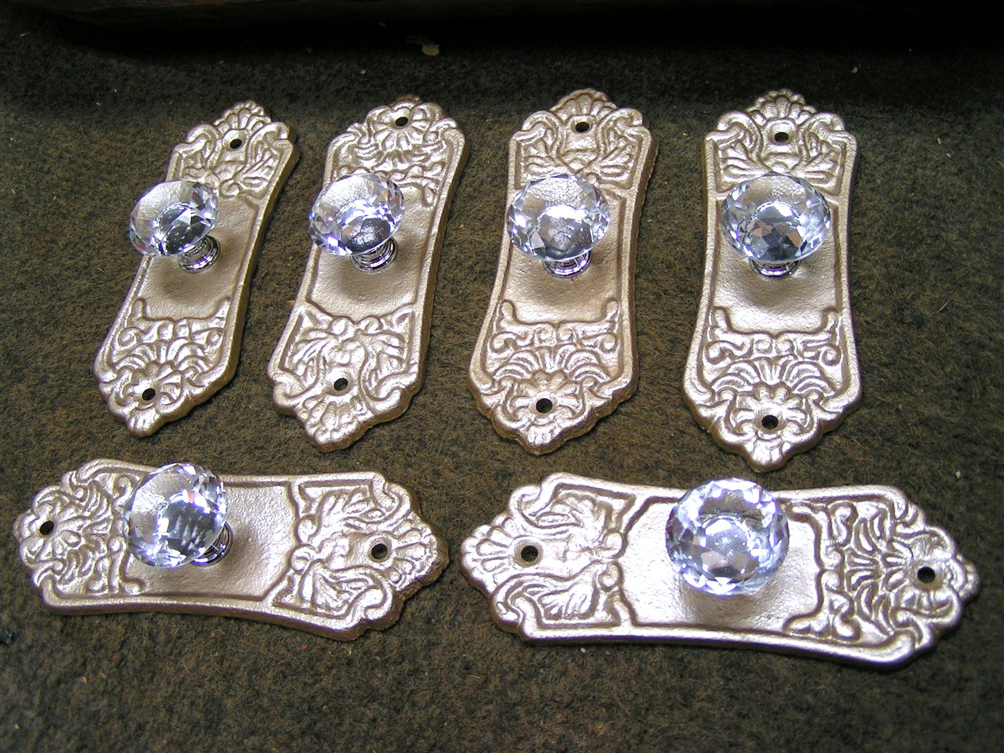 Six Glass Cabinet Drawer Pulls Knobs Handles With Cast Iron Backplate Old Crystal Style, Champagne Gold