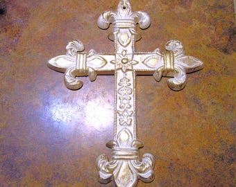 Cast Iron Scrolled off white & Gold Wall Cross