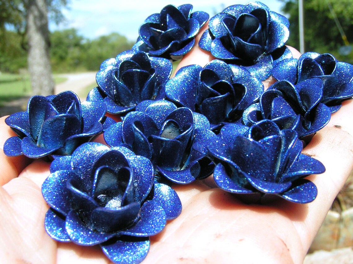 TEN Small Blue Metal Rose Flowers for Accents, Embellishments, Crafting ...