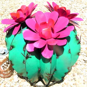 LARGE Metal Art FAT Barrel cactus sculpture, Junk Iron Garden Art, with colorful flowers