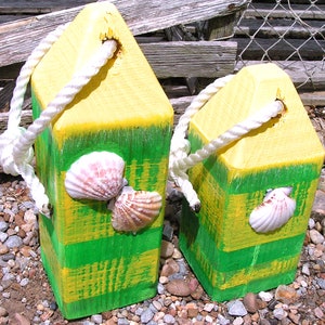 TWO Wooden fishing float buoys with Seashells, Ocean seaside decor, Beach decoration, Maine style Lobster Buoys, Green, Yellow