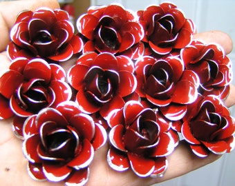 TEN small metal rose flowers, RED with silver trim for accents, embellishments, crafting, jewelry, art, woodworking, arrangements, furniture