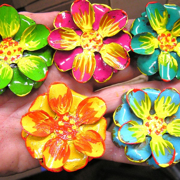 FIVE Medium Hand Painted FLAT metal rose flowers for accents, embellishments, crafting, jewelry, art, arrangements, B2