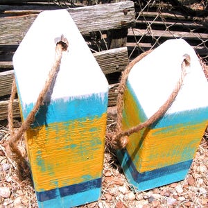 2 Wood Lobster buoys, Nautical Decor, Wooden Decorative Buoys, Fishing Buoys, Maine Lobster Buoy